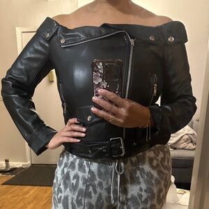 Edgy Off-the-Shoulder Faux Leather Jacket